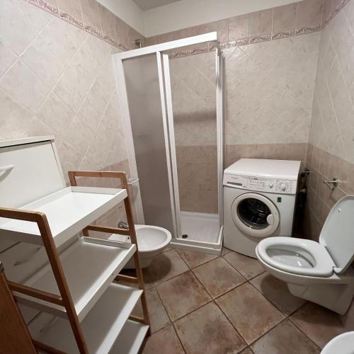 La salle de bains est pourvue de toilettes et d'un lave-linge. dans l'établissement Trentino Apartments - Casa ai Fiori, à Folgaria