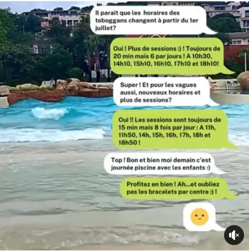 a screenshot of a text message about a beach at Les Restanques rez jardin 2063 in Grimaud
