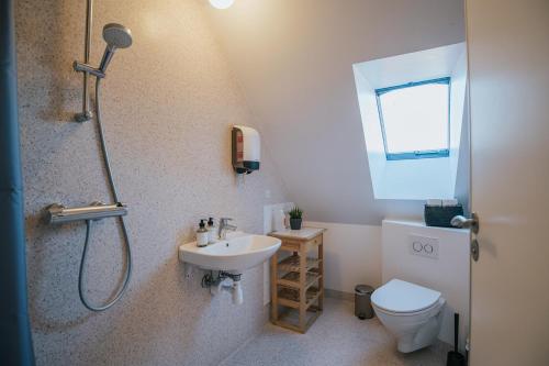 een badkamer met een douche, een wastafel en een toilet bij KEFS Guesthouse & Café in Ærøskøbing