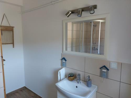 a bathroom with a sink and a mirror at Apartament Jaśmin in Szklarska Poręba