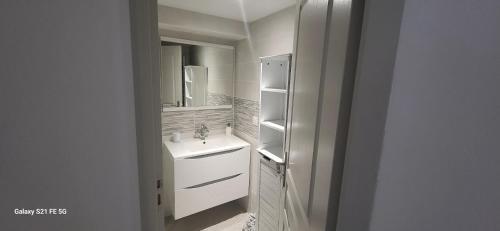uma casa de banho branca com um lavatório e um espelho em maison calme et spacieuse em Bassens