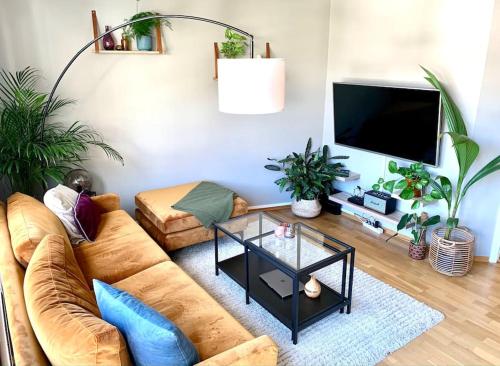 ein Wohnzimmer mit einem Sofa und einem TV in der Unterkunft Top floor apartment with mountain view, terrace 22sqm, free parking in Bergen