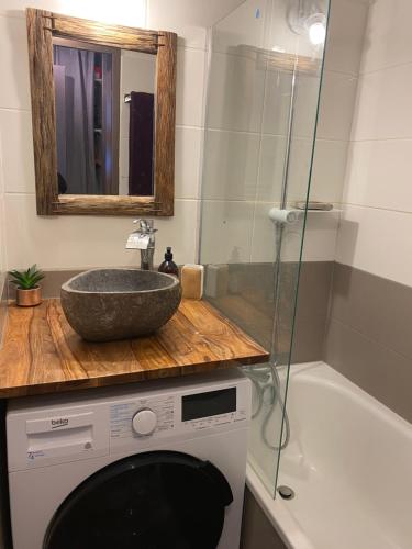 łazienka z umywalką na górze pralki w obiekcie Antarès Location Avoriaz w mieście Avoriaz