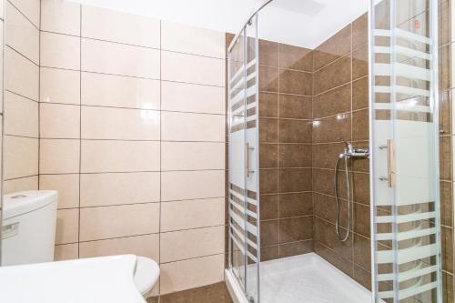 a bathroom with a shower and a toilet at Arianna Studio 9 in Paleokastritsa