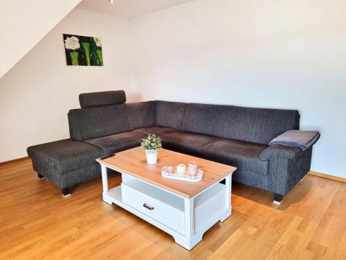 a living room with a couch and a coffee table at Ferienhaus Lucia in Hilzingen