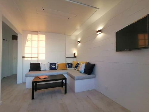 een woonkamer met een bank en een flatscreen-tv bij Magnifique cocon vue mer in Trouville-sur-Mer