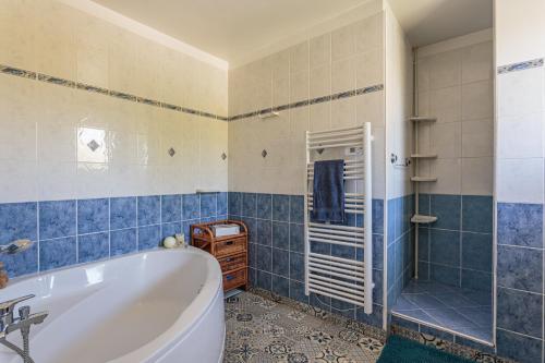 een blauwe en witte badkamer met een bad en een douche bij Maison Urt - Charmante maison avec piscine in Urt