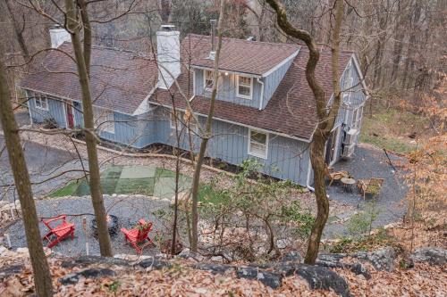 an aerial view of a house in the woods at Cowry Acres - 11 Acre Enchanted Retreat, Hot Tub in New Hope