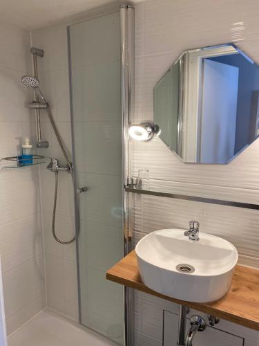 a bathroom with a sink and a shower with a mirror at Hotel Restaurant Rössle in Calw