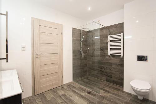 a bathroom with a shower and a toilet at Apartamenty DM in Kłodzko