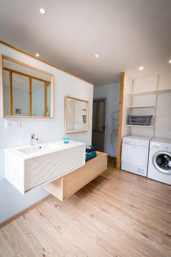 une salle de bain avec un lavabo et une machine à laver dans l'établissement La Longère Gasiaquoise, à Gauchy