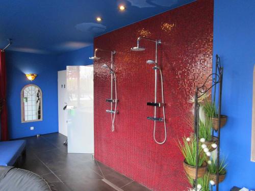 uma casa de banho com um chuveiro e uma parede de azulejos vermelhos em Le Relais des Fagnes em Sart-lez-Spa