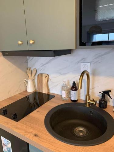 un comptoir de cuisine avec un évier et un plan de travail avec un évier dans l'établissement Appartement T2 - 50m de la Mer - Parking - Wifi, à Courseulles-sur-Mer