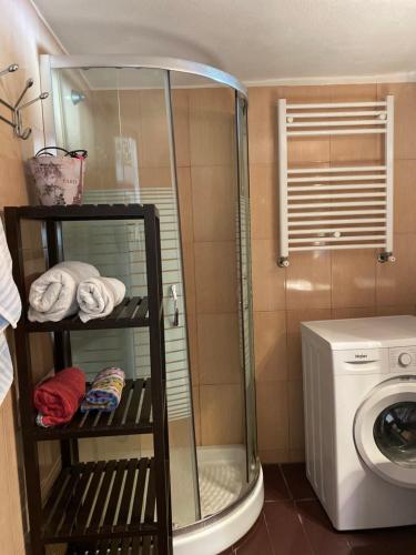 a bathroom with a shower and a washing machine at Petrino in Ayios Nikolaos Sithonia