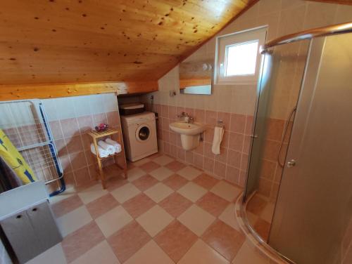 La salle de bains est pourvue d'une douche, de toilettes et d'un lavabo. dans l'établissement Dario studio apartman, à Kukljica