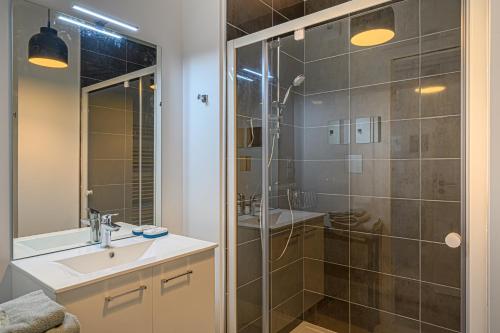 een badkamer met een douche, een wastafel en een spiegel bij L'Audacieux - Appt neuf avec vue sur les toits in Vannes