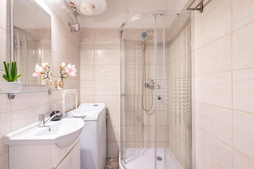 ein weißes Bad mit einem Waschbecken und einer Dusche in der Unterkunft Vintage Style Cozy Downtown Apartment. in Budapest