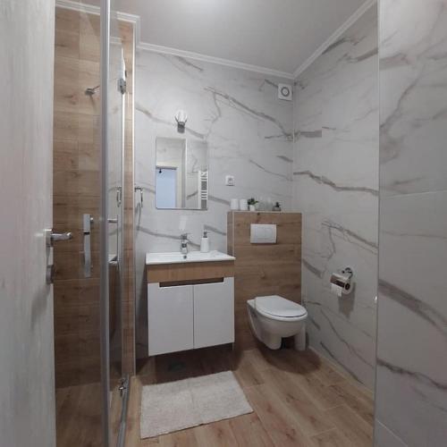a bathroom with a toilet and a sink and a shower at Downtown apartment in Subotica