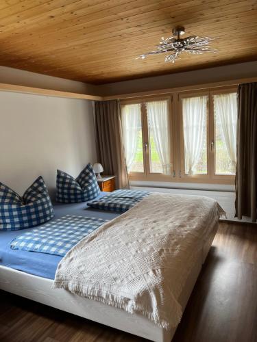 a bedroom with a bed with blue pillows and a ceiling at "Terrasse" Nessental in Gadmen