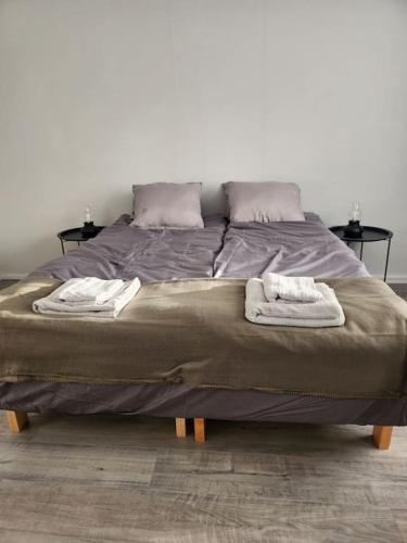 a large bed with two towels on top of it at Gáiju Apartment 
