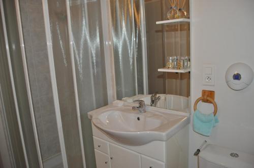uma casa de banho com um lavatório e um chuveiro em L'Auberge du Tire Bouchon em Couffé