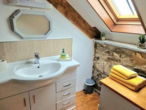 a bathroom with a sink and a mirror at LYDONIA BARN in Lydford