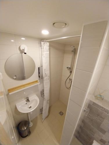 y baño blanco con lavabo y ducha. en Aisa Apartment, en Pärnu