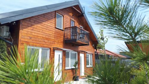 a wooden house with a balcony and a palm tree at Penzión Florens, Nesvady in Nesvady