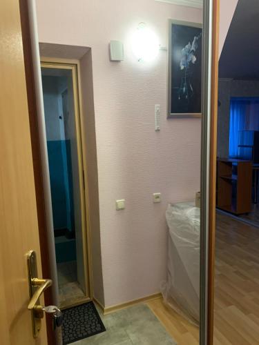 een badkamer met een deur naar een kamer bij Затишна квартира на бульварі Свободи 49 ЖОВТІ ВОДИ in Zhovti Vody