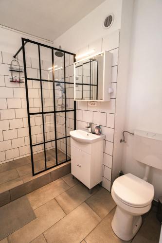 a bathroom with a toilet and a sink at LénApartman - Audrey in Pécs