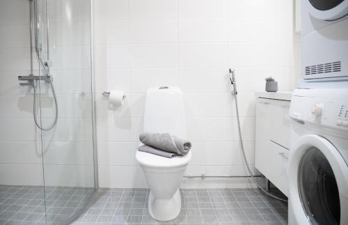 uma casa de banho com um WC e uma máquina de lavar roupa em Railway station & Central studio em Oulu