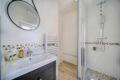 een badkamer met een wastafel, een spiegel en een douche bij IMMOGROOM-Suquet-AC-WIFI-close to the beaches in Cannes