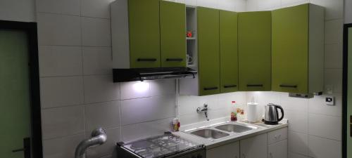 a kitchen with green cabinets and a sink at TP Apartman 1 in Križevci