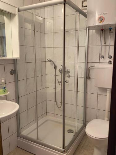La salle de bains est pourvue d'une douche avec une porte en verre. dans l'établissement Venera Apartments, à Budva