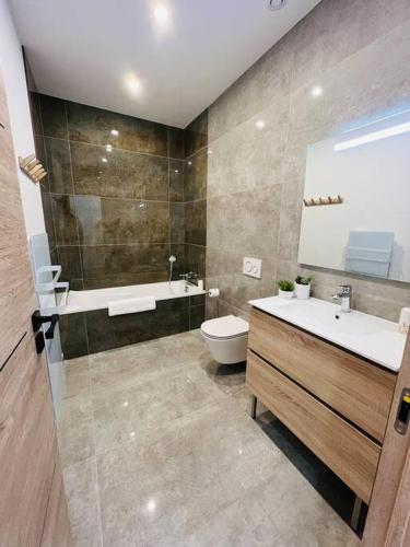 une salle de bain avec un lavabo, une baignoire et des toilettes dans l'établissement Appartement cosy centre-ville, à Saint-Étienne