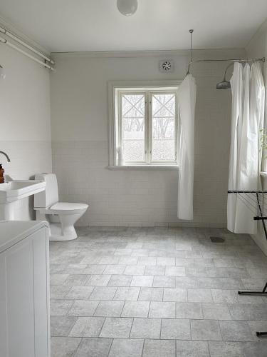 a bathroom with a toilet and a sink and a window at Vallby Cottage in Enköping