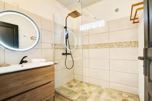 y baño con ducha, lavabo y espejo. en Manzel D Ziles - Piscine chauffée, en Saint-Pierre