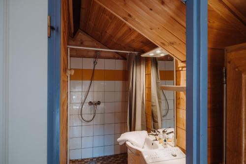 ein Bad mit einem Waschbecken und einer Dusche in der Unterkunft Sunêlia Camping la Presqu'île in Prunières