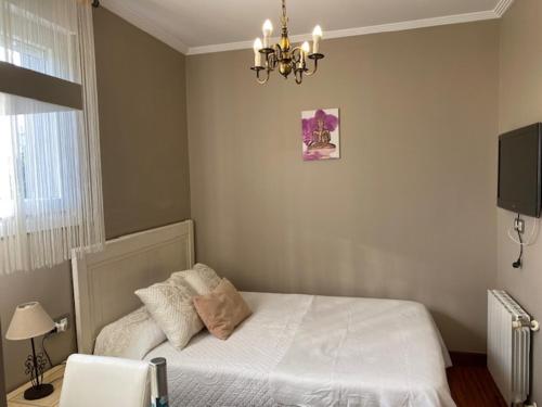 a bedroom with a white bed and a chandelier at HABITACION BAÑO COCINA JARDIN Y PARKING in Erandio