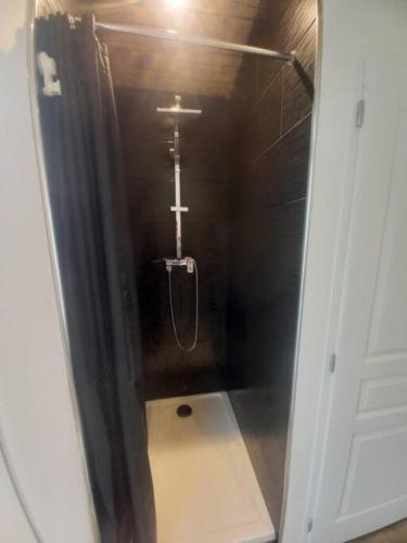 ein Bad mit einer Dusche mit einem Kreuz an der Wand in der Unterkunft L'ANNEXE in Chaumont