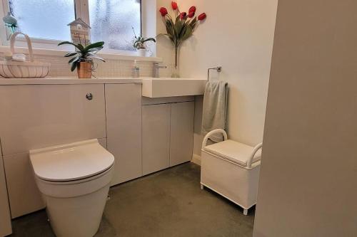 ein Bad mit einem WC, einem Waschbecken und einem Fenster in der Unterkunft Hot Tub Beach Bungalow - free parking & child friendly in South Hayling