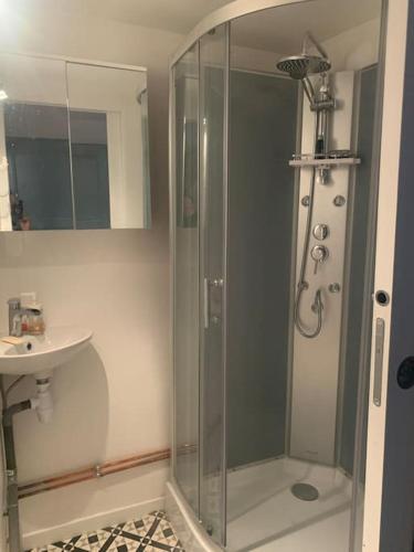 une salle de bain avec une douche en verre et un lavabo dans l'établissement Maison Centrale, à Ax-les-Thermes