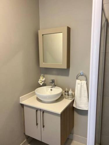 a bathroom with a white sink and a mirror at Blue Lilly - 50 on Lever Unit 19 in Midrand
