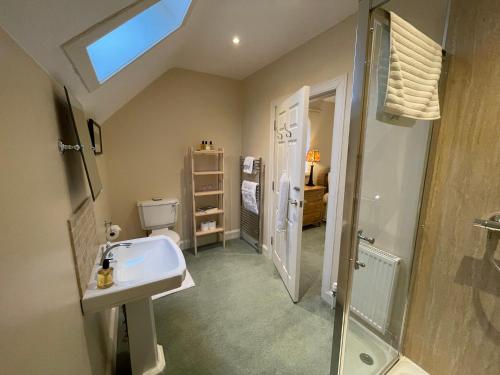 La salle de bains est pourvue d'un lavabo, d'une douche et de toilettes. dans l'établissement Luxury Garden Cottage, à Dalry