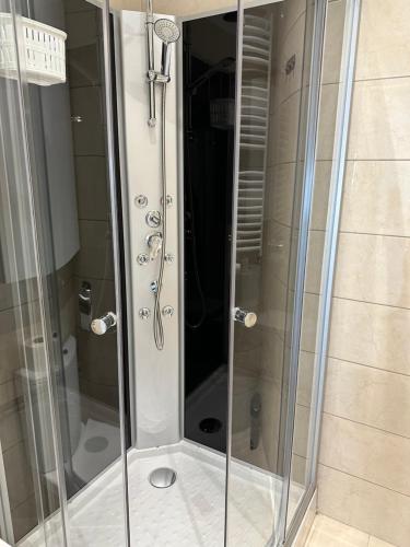 a shower with glass doors in a bathroom at Fabulous Penthouse Lakeview W20 in Bucharest