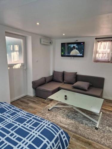 un salon avec un canapé et une télévision au mur dans l'établissement Studio paisible CDG/Villepinte/Le Bourget, à Aulnay-sous-Bois