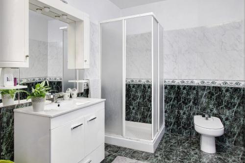 een witte badkamer met een douche en een toilet bij Duplex T4 com Piscina in Apúlia