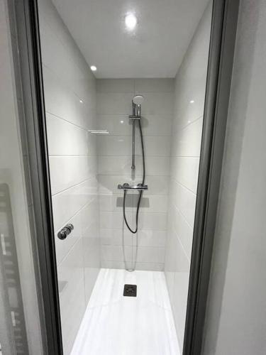 La salle de bains blanche est pourvue d'une douche. dans l'établissement Superbe duplex plein centre, à Lamballe Armor