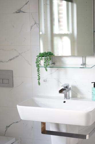 a bathroom with a white sink and a mirror at Nutcroft, Cowes in Cowes