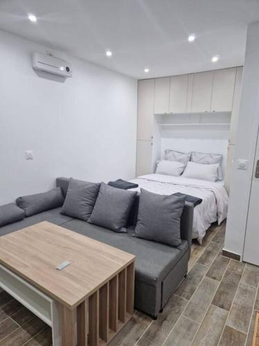 un salon avec un canapé et un lit dans l'établissement Joli studio calme contemporain CDG/PARC D'EXPO VILLEPINTE/PARIS, à Aulnay-sous-Bois